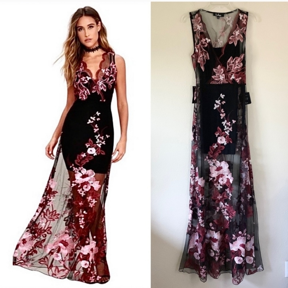 LULU'S Work the Bloom Maxi Dress Wine Red and Black Floral Embroidered